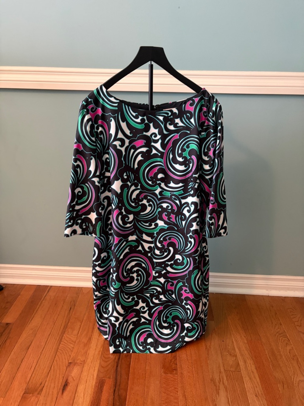Banana Republic Black Swirl Print Long-Sleeve Shift Dress with Teal & Magenta